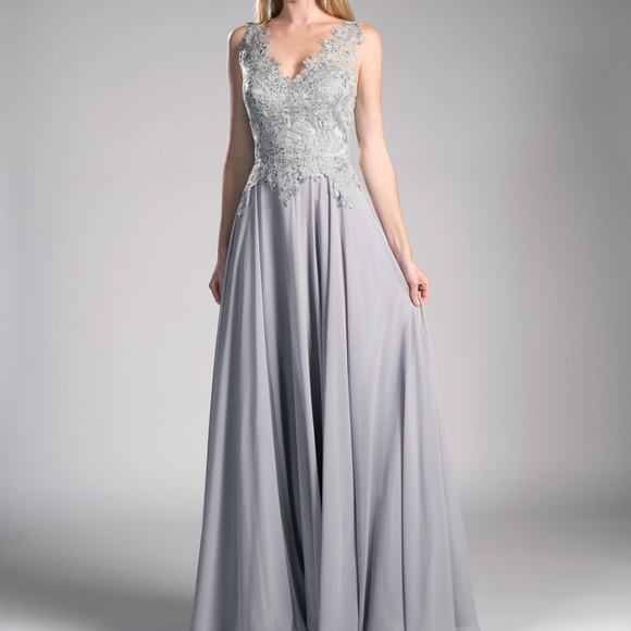 Lace Bodice Open Back A-Line Silver Dress CD9177
